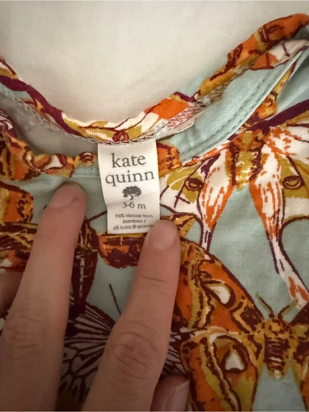 Kate Quinn Bamboo Butterfly Print baby  One-Piece Romper - Mint & Orange 3-6m